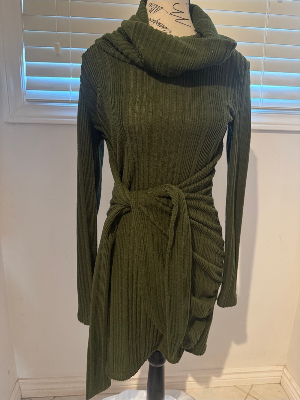 SHEIN Olive Green Ribbed Cowl-Neck Long Sleeve Tie-Waist Dress